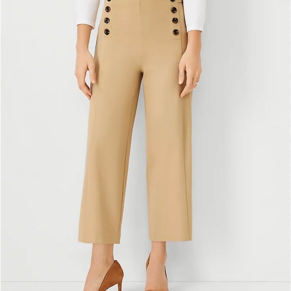 Ann Taylor Size 12P Tan The Kate Wide Leg Crop Sailor Pant Pocket Button Zip NEW